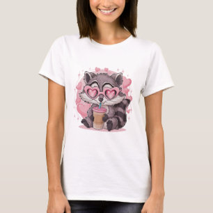Chibi Kawaii Tvättbjörn Rosa Hjärtformade Solglasö T Shirt