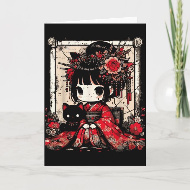 Chibi Kimono Flicka Svart Katt Blommor Japansk Kon Kort (Framsida)