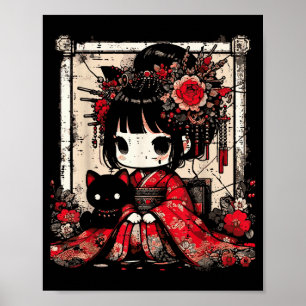 Chibi Kimono Flicka Svart Katt Blommor Japansk Kon Poster
