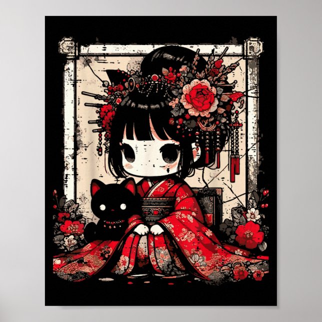Chibi Kimono Flicka Svart Katt Blommor Japansk Kon Poster (Framsidan)