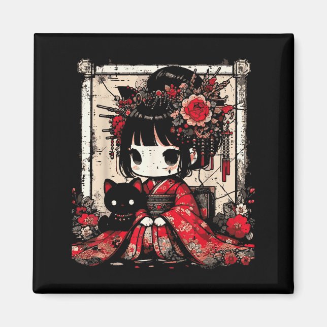 Chibi Kimono Girl Black Cat Flowers Japanese Art W Magnet (Framsidan)