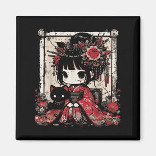 Chibi Kimono Girl Black Cat Flowers Japansk Art W Magnet