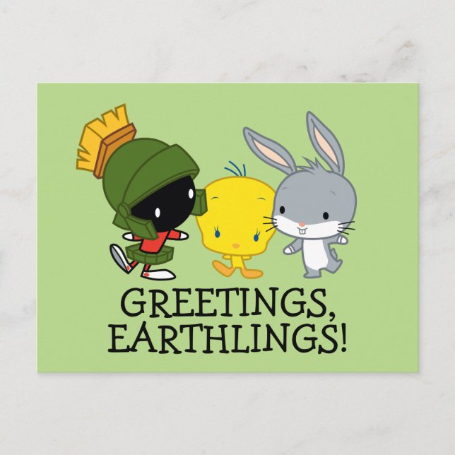 Chibi MARVIN THE MARTIAN™, TWEETY™, & KRYP BUNNY™ Vykort (Framsida)