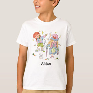 Chibi med Bunnies med utbytbar namn bricka T Shirt