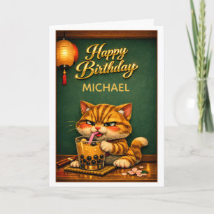 Chibi Neko Tiger Cat Boba Bubble Tea Födelsedag Kort