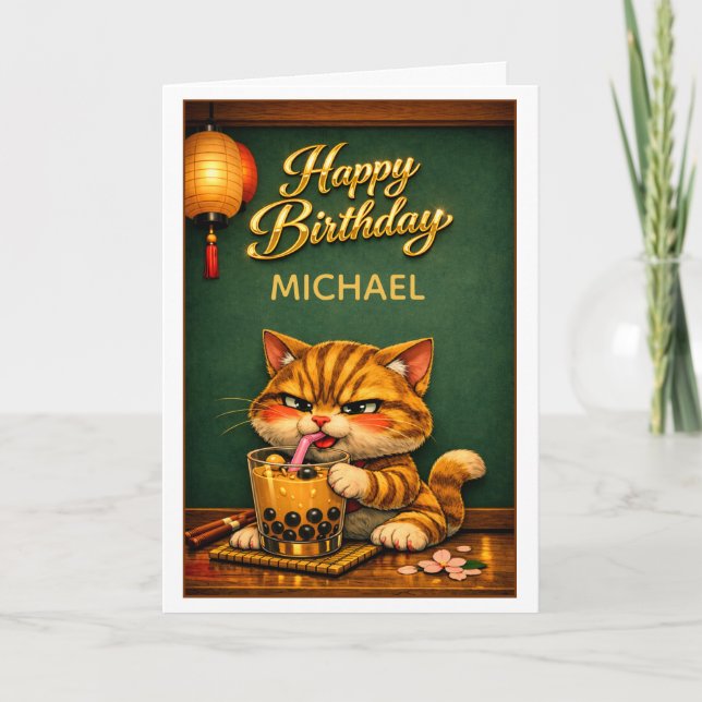 Chibi Neko Tiger Cat Boba Bubble Tea Födelsedag Kort (Framsida)