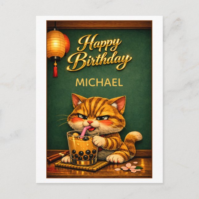 Chibi Neko Tiger Cat Boba Bubble Tea Födelsedag Vykort (Framsida)