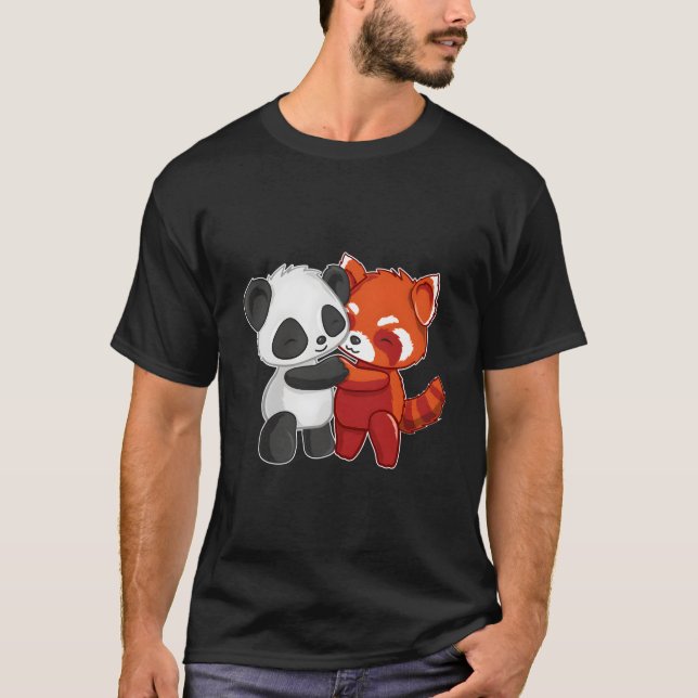 Chibi Panda Bear Hugs Red Panda T Shirt (Framsida)