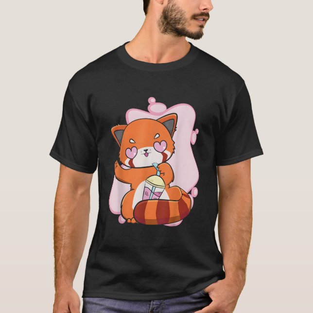 Chibi Röd Panda Med Boba Te Bubbla Otaku Anime B T Shirt (Framsida)