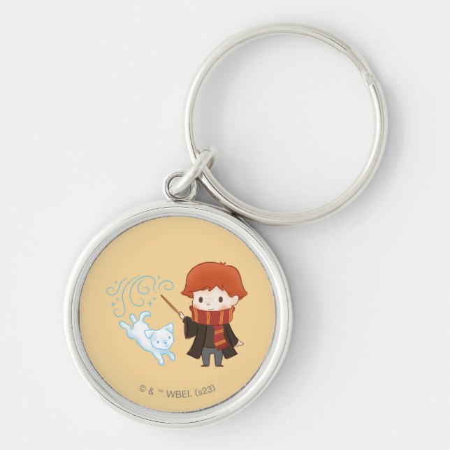 Chibi Ron Weasley Patronus Rund Silverfärgad Nyckelring (Framsidan)