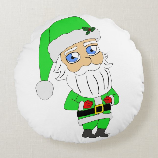 Chibi Santa grön dräkt Rund Kudde (Framsidan)