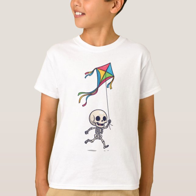 Chibi skelett flyger färgglad drake barn t shirt (Framsida)