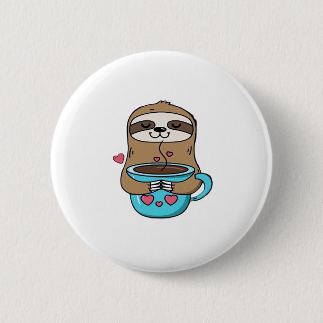 Chibi Sloth Coffee Älskare - Cute Kawaii Sloth Hug Knapp (Framsida)