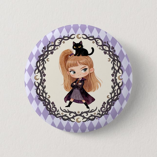 Chibi Söt Häxa En och Svart Katt Vattenfärg Knapp (Framsida)