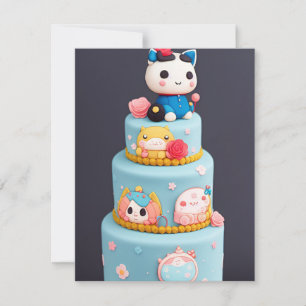 Chibi söt kattunge blå gult-tårta julkort