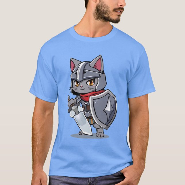 Chibi Style Medieval Cat Swordsman T Shirt (Framsida)