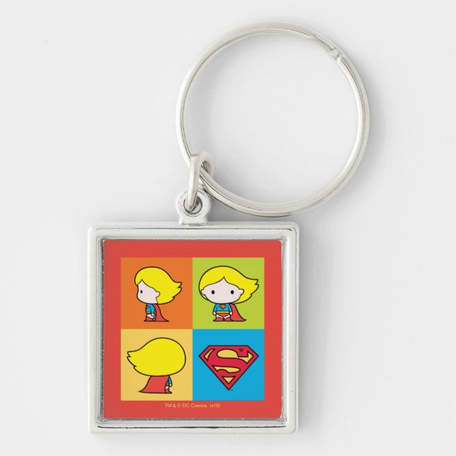Chibi Supergirl Character Turnround Fyrkantig Silverfärgad Nyckelring (Framsidan)