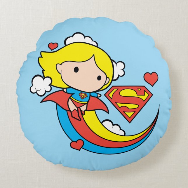 Chibi Supergirl Flies Rainbow Rund Kudde (Framsidan)