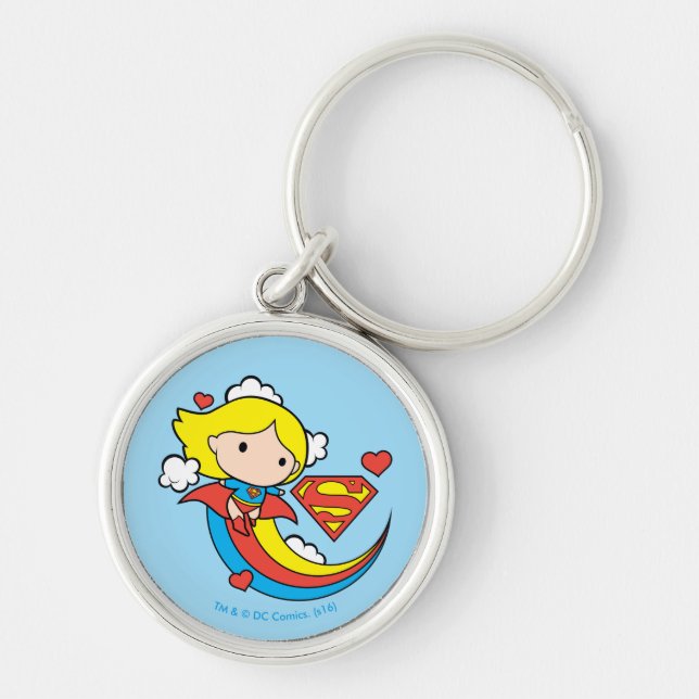 Chibi Supergirl Flies Rainbow Rund Silverfärgad Nyckelring (Framsidan)