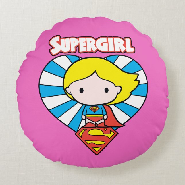 Chibi Supergirl Starburst Heart och Logotyp Rund Kudde (Framsidan)