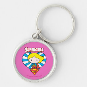 Chibi Supergirl Starburst Heart och Logotyp Rund Silverfärgad Nyckelring