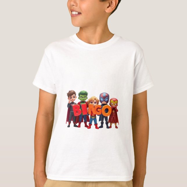 Chibi Superheroes Spell "BINGO" T Shirt (Framsida)