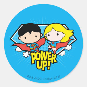 Chibi Superman och Chibi Supergirl Power Up! Runt Klistermärke
