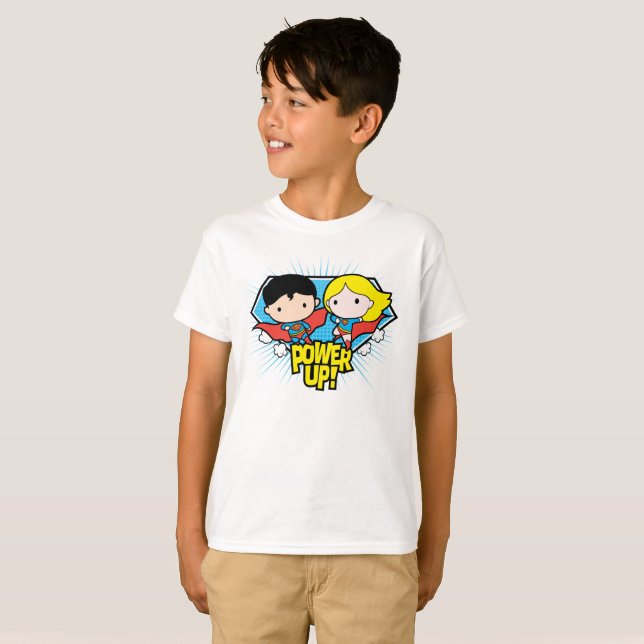 Chibi Superman och Chibi Supergirl Power Up! T Shirt (Hel framsida)