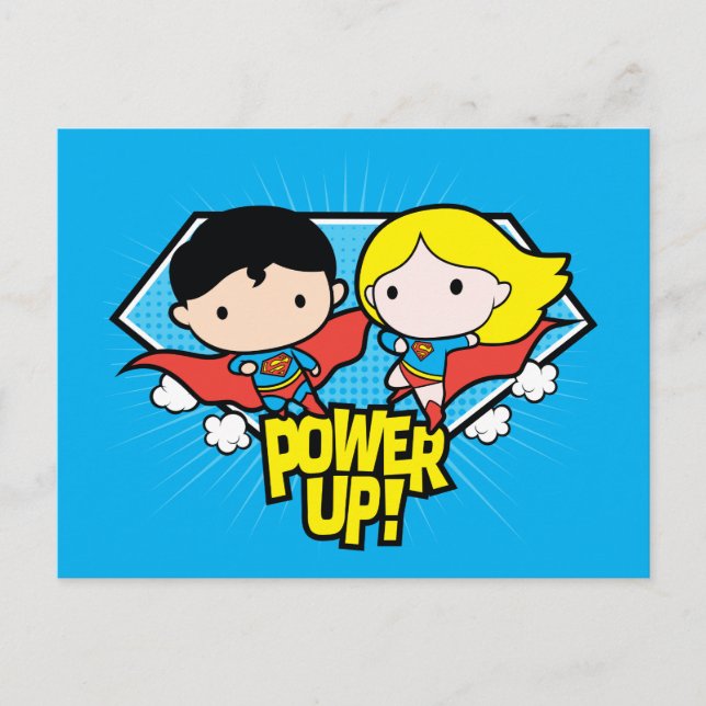 Chibi Superman och Chibi Supergirl Power Up! Vykort (Framsida)