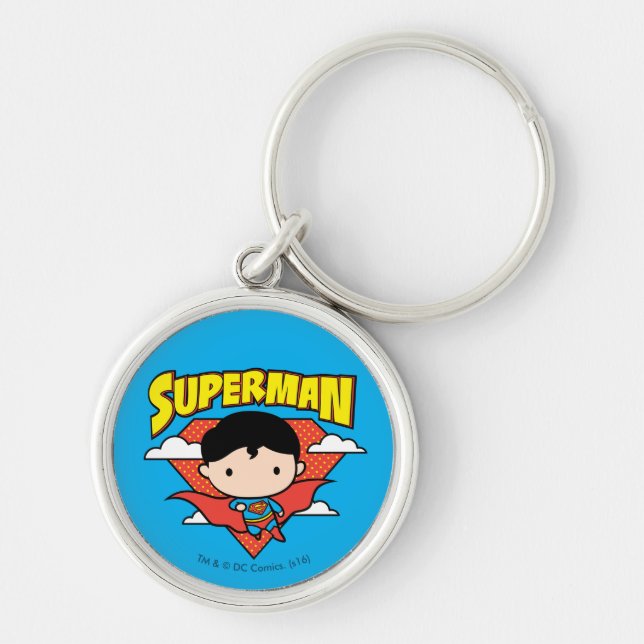 Chibi Superman Polka Dot Shield och Namn Rund Silverfärgad Nyckelring (Framsidan)