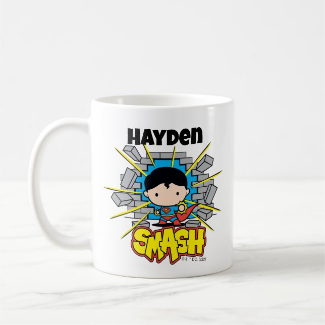 Chibi Superman Smashing Through Brick Wall Kaffemugg (Vänster)