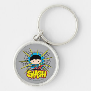 Chibi Superman som slår igenom brickan Wall Rund Silverfärgad Nyckelring