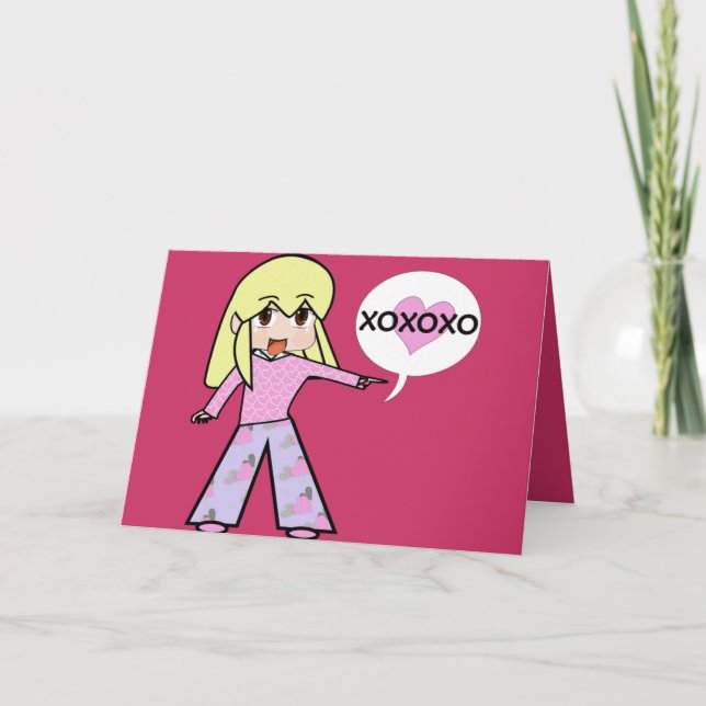 Chibi Valentine Hearts Hugs och Kisses Helgkort (Framsida)