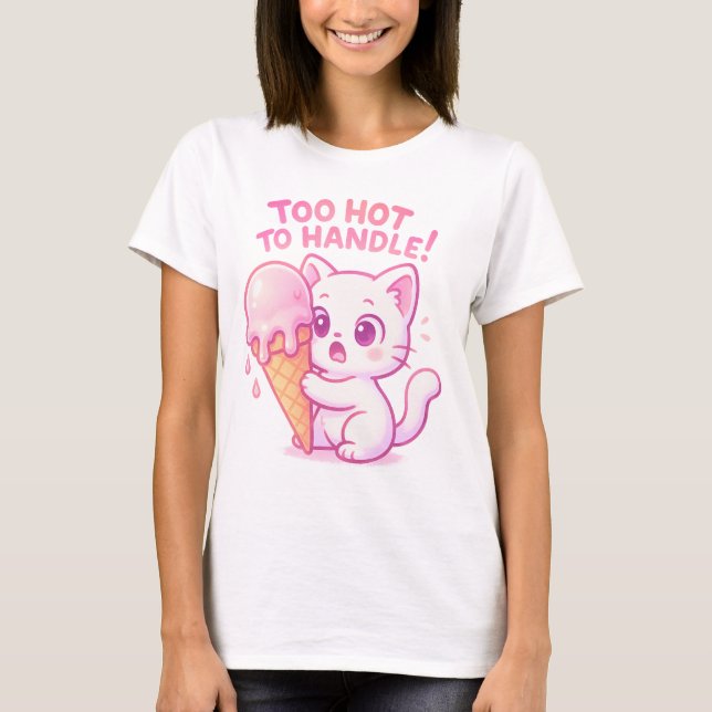 Chibi White Cat Smälter Ice Cream T-Shirt (Framsida)