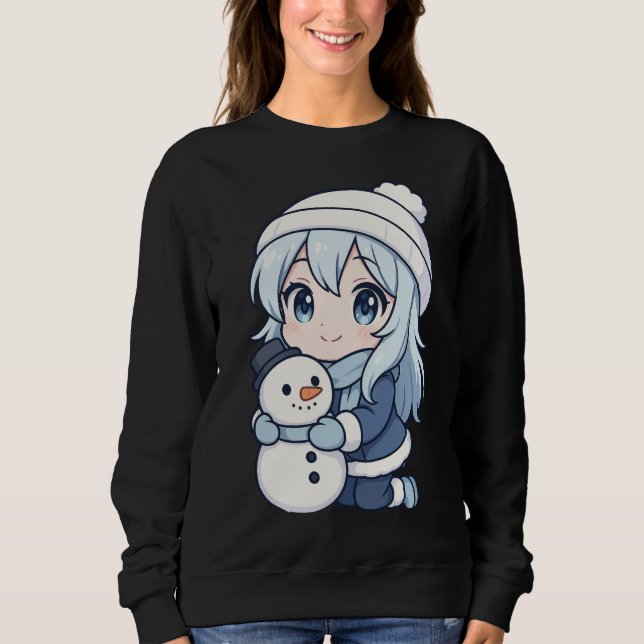 Chibi Winter Girl Sweatshirt – Cute Anime Snowman  T Shirt (Framsida)