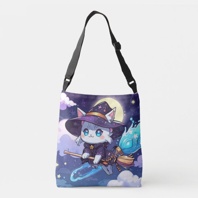 Chibi Witch Cat Flying in Starry Sky – Kawaii Magi Axelväska (Baksida)