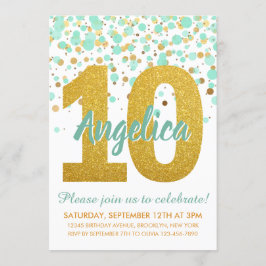 Chic 10:e födelsedag Mint Guld Glitter Konfetti Gi Inbjudningar