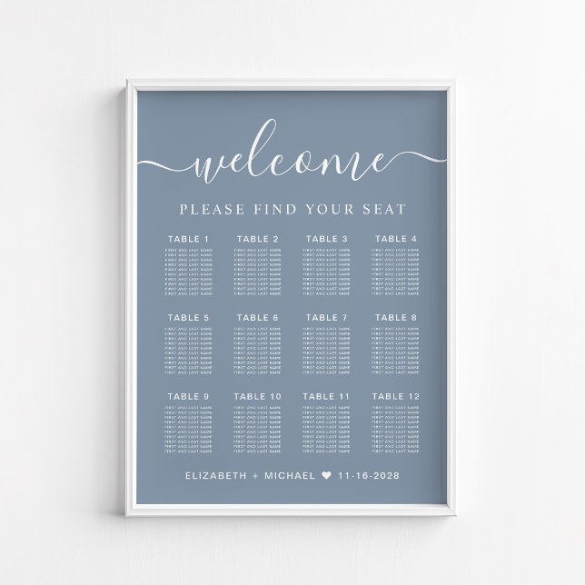 Chic 12 Bord Dusty Blue Bröllop Seating Chart Poster (Skapare uppladdad)