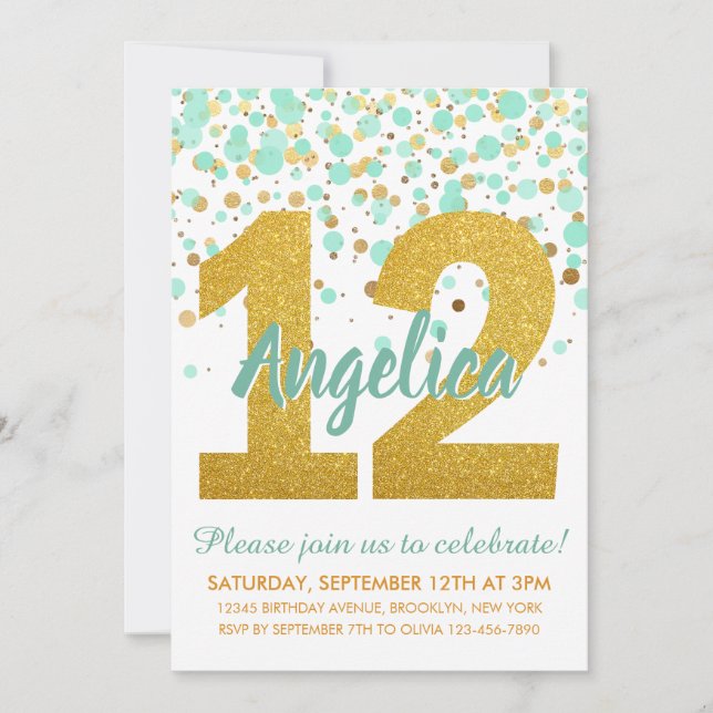 Chic 12:e födelsedag Mint Guld Glitter Konfetti Gi Inbjudningar (Framsida)