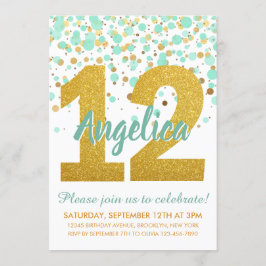 Chic 12:e födelsedag Mint Guld Glitter Konfetti Gi Inbjudningar