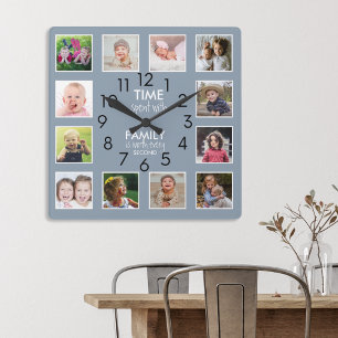 Chic 12 Foto Collage Family Time Quote Dusty Blue Fyrkantig Klocka