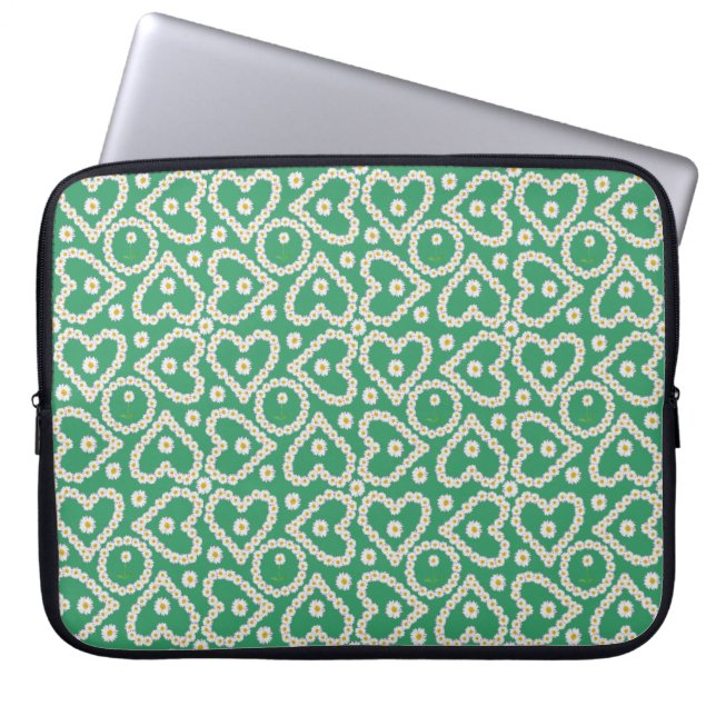 Chic 15-tums Laptop sleeve: Daisy Chains on Grönt Fodral (Framsidan)
