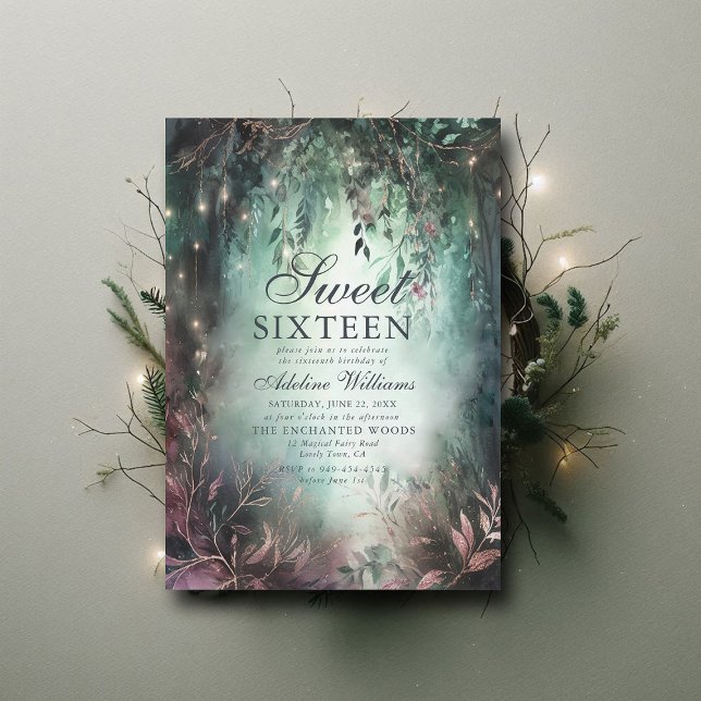 Chic 16 för magisk kalligrafi i skogen inbjudningar (enchanted forest sweet 16 birthday invitation moody emerald dripping lights watercolor calligraphy)