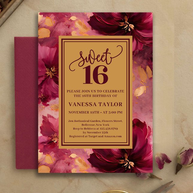 Chic 16th Birthday Burgundy Blush Gold Invitation Inbjudningar (Chic 16th Birthday Burgundy Blush Gold Invitation)