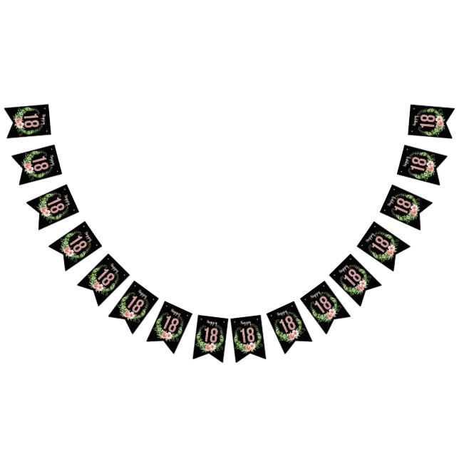 Chic 18:e födelsedag Ro Guld Glitter Black Blommig Vimplar (Alla)