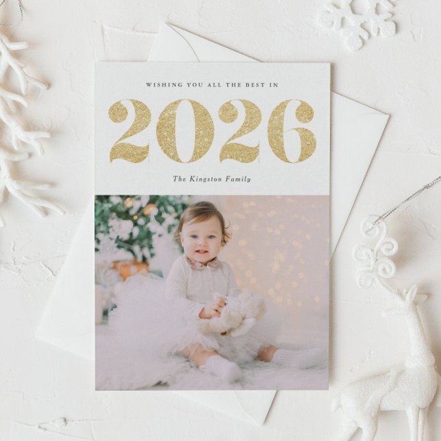 Chic 2022 Guld Gott nytt år foto Glitter Helg Vykort (Customizable photo New Year postcard featuring 2026 in faux gold glitter.)