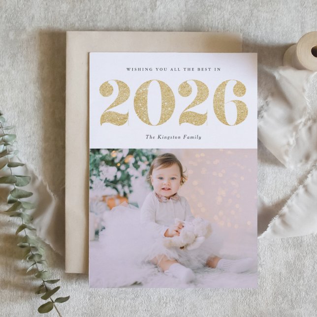 Chic 2022 Guld Gott nytt år foto Glitter Helgkort (Customizable photo 2026 Happy New Year card featuring festive faux gold glitter.)