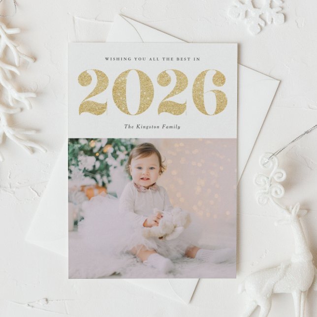 Chic 2022 Guld Gott nytt år foto Glitter Julkort (Customizable photo 2026 Happy New Year card featuring festive faux gold foil glitter.)