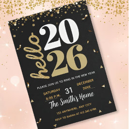 Chic 2026 New Year' Eve Party Gold Glitter Black  Inbjudningar