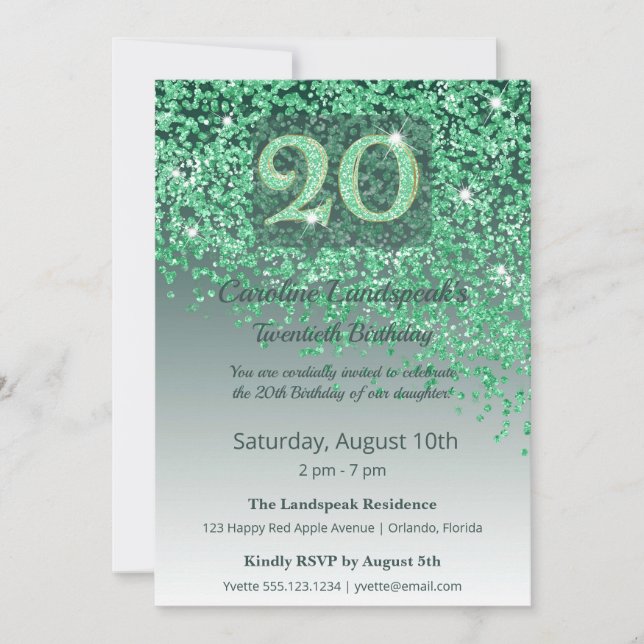 Chic 20th Birthday Green Glitter Inbjudningar (Framsida)